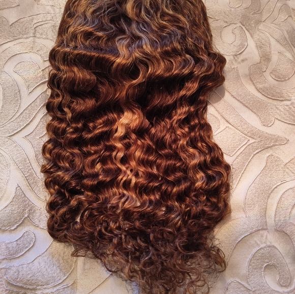 18" Highlight 100% Human Hair HD Lace Wig Deep Wave Curly Honey Blonde & Brown - Picture 10 of 15